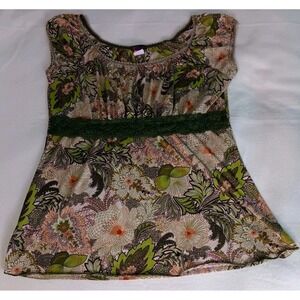 Green Tan Ethereal Fairycore Goblincore Y2k Babydoll Cap Sleeve Mesh Top Sz L
